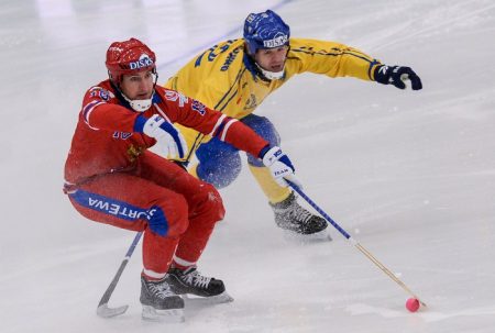 Эпизод матча по хоккею с мячом